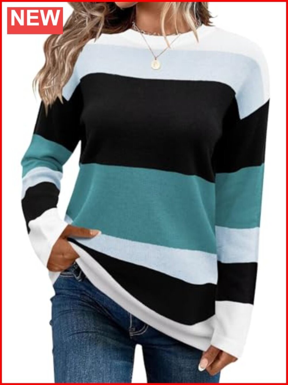 Striped Knit Sweater Crew Neck Long Sleeve Pullover Top